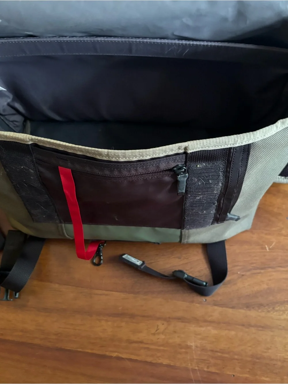 Timbuk2 medium Olive and Dark Gray Messenger Bag with Red Accent